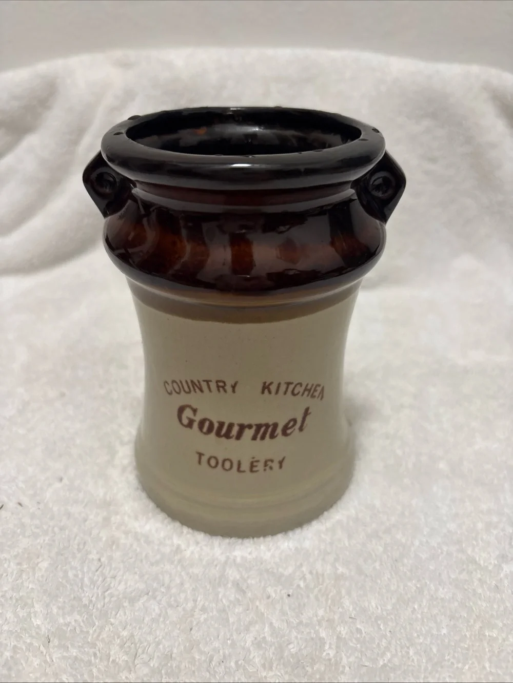 Vintage Ceramic Crock Utensil Holder - Brown & Cream
